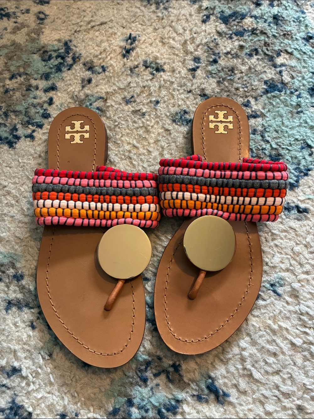 Tory Burch Multicolor Patos Multicolor Strap Tan Leather & Gold size 7 Sandals